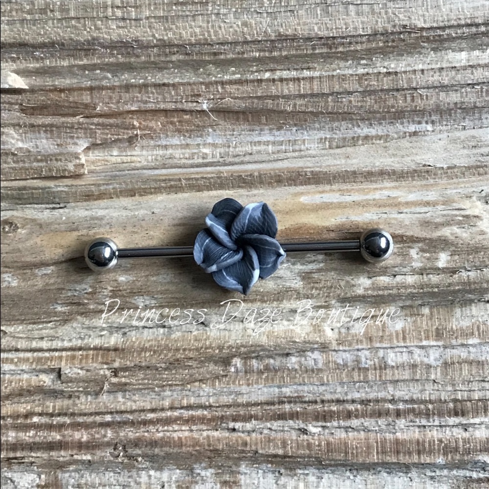 Black Hawaiian Flower Industrial Barbell Earring